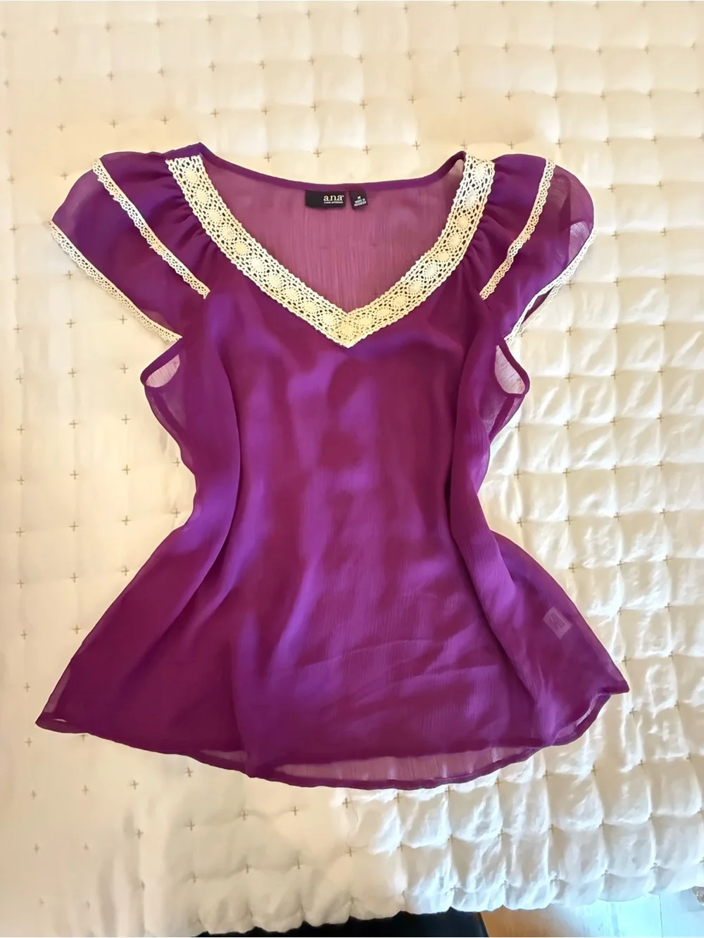 a.n.a Purple Crochet-Trim Sheer Flutter Sleeve Blouse